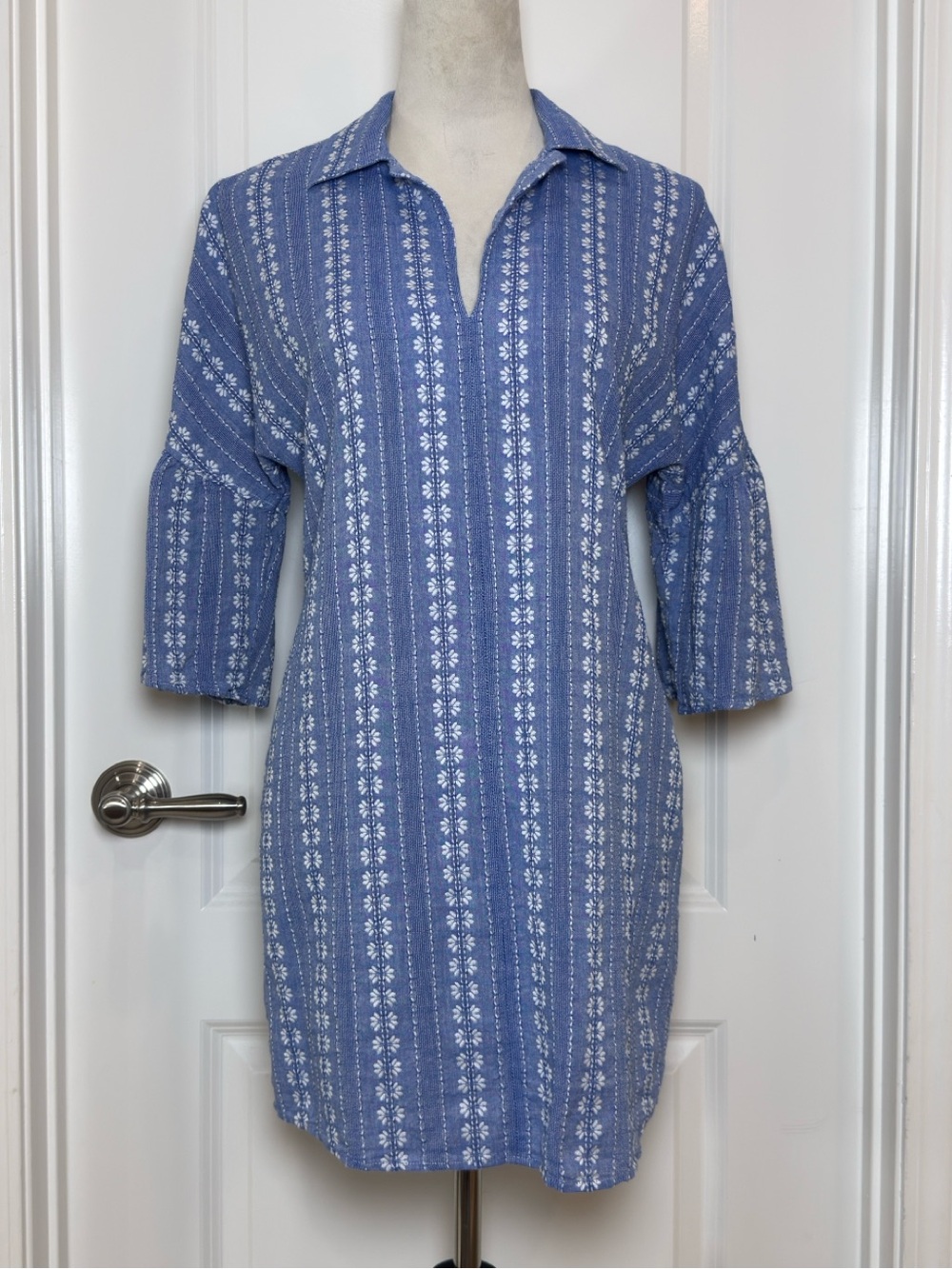 Splendid Chambray Blue and White Printed Mini Dress Dolman Sleeve Tunic